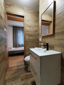 een badkamer met een wastafel, een toilet en een spiegel bij Willa CIS in Karpacz