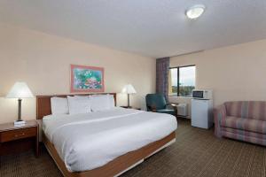 a hotel room with a large bed and a chair at Norwood Inn & Suites Indianapolis East Post Drive in Indianapolis