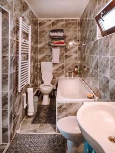 a bathroom with a tub and a toilet and a sink at Cazare La Nea Marin in Ciobotani +18 photos