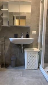 La salle de bains est pourvue d'un lavabo et d'un miroir. dans l'établissement Appartamento Centro Storico Porlezza, à Porlezza