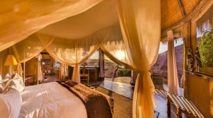 a bedroom with a bed with curtains and a desk at Camp Kipwe in Twyfelfontein