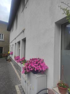 a white building with flowers on the side of it at Apartamenty centrum in Wałbrzych