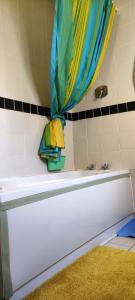 ein Badezimmer mit einer Badewanne mit einem Handtuch und einem Duschvorhang in der Unterkunft Key Locker by WhatsApp , Joanna's Little Studio, Own entrance, Own Bathroom in Youghal