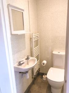 a small bathroom with a toilet and a sink at Rabbits Warren A 2 Bed Holiday Let in The FOD in Blakeney