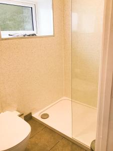 a bathroom with a shower with a toilet and a window at Rabbits Warren A 2 Bed Holiday Let in The FOD in Blakeney