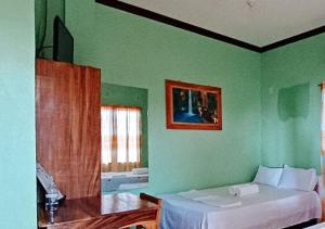 een groene slaapkamer met een bed, een bureau en een raam bij RedDoorz at July's Haven Seaside Pension Camiguin in Mambajao
