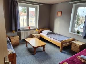 une chambre avec un lit et une table et deux fenêtres dans l'établissement Apartment mit Balkon, à Dresde