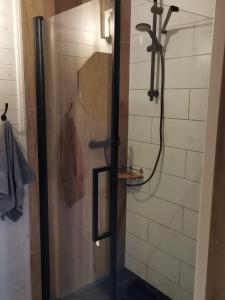 um chuveiro com uma porta de vidro na casa de banho em Dziki zakątek Piskornia dom z balią jacuzzi em Piskornia