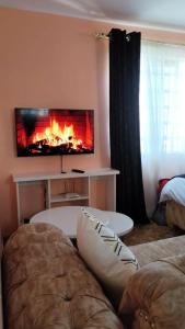 a living room with a fire on the wall at Executive Studio in Nakuru