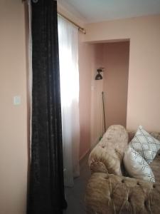 a bedroom with a bed and a curtain and a window at Executive Studio in Nakuru