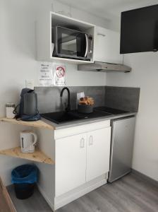 a kitchen with a counter top with a microwave at 16 rue des Déportés in Charmes