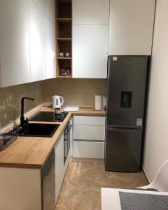 una cucina con frigorifero nero e lavandino di Studio “Masha” a Apatin