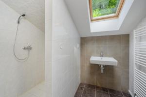 a bathroom with a sink and a shower at Pokoje Wimbledon in Liberec