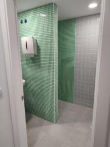 y baño con ducha de azulejos verdes y dispensador de toallas de papel. en A Casa Do Boi, en Amés