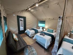 ネルスプロイトにあるRockview Lodgeのベッド2台とテント内のソファが備わる客室です。