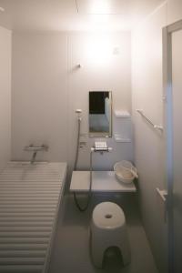 a bathroom with a toilet and a sink and a mirror at SLEEEP JP Fujinomiya in Fujinomiya