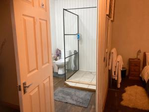 a bathroom with a toilet and a glass shower door at 7 Dagnaud De la Tude our family farmhouse style home with en-suite in Montboyer