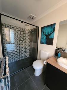 La salle de bains est pourvue de toilettes, d'une douche et d'un lavabo. dans l'établissement New apartment 3 min to Sovereign Hill & Wildlife Park, à Ballarat