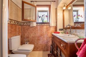 ein Badezimmer mit Toilette, Waschbecken und Spiegel in der Unterkunft Finca Margarita by Mallorca House Rent in Felanitx