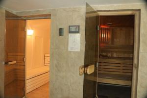 uma cabina de duche ao nível do chão com uma porta de vidro num quarto em Appartement La Gentiane 63 em Chateau-d'Oex