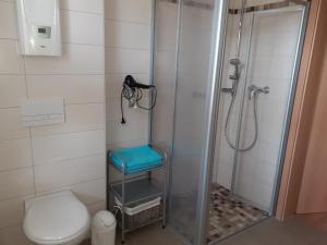 een badkamer met een douche, een toilet en een kruk bij Ferienwohnung - August-Bebel-Str. 19 in Oelsnitz