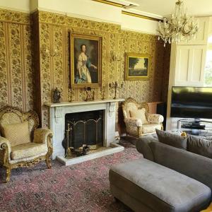 a living room with a couch and a fireplace at Country Manor House with indoor Pool and Hot Tub in Rochester