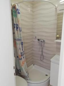 a bathroom with a toilet and a shower curtain at Apartmani ROKO, Sevid in Marina