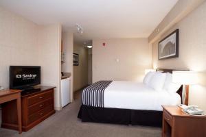 a hotel room with a bed and a television at Sandman Hotel & Suites Regina in Regina