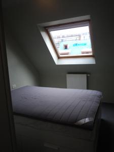 Bett in einem Zimmer mit Fenster in der Unterkunft For Ever in Nieuwpoort