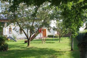 a playground in a yard with a tree at Rügen Fewo 287 in Kluis
