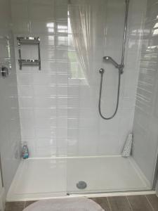 a bathroom with a shower with a glass door at Little Silver in Great Torrington