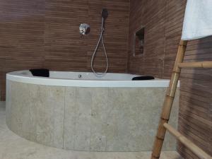 uma banheira na casa de banho com um chuveiro em רוגע במדבר מרחב עם em Merhav Am