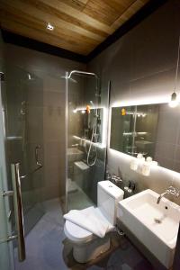 y baño con aseo, lavabo y ducha. en Chaos Boutique Hotel Kuala Lumpur, en Kuala Lumpur