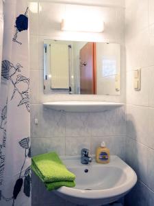 a bathroom with a sink with a mirror and a green towel at Appartement Ernst in Celle