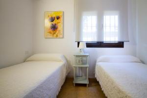 two twin beds in a room with a window at Apartamentos Turisticos Trajano in Bolonia