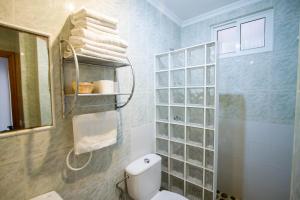 a bathroom with a toilet and a shower with towels at Apartamentos Turisticos Trajano in Bolonia +37 photos