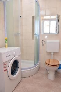 a bathroom with a washing machine and a toilet at Apartman Anamarija Valun II in Valun