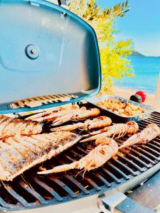 a grill with several different types of food on it at BUQEZ ECO RESORT - Beach Villa 81 - 1st Sea Line by beach in Drage