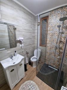 ein Bad mit einem WC, einer Dusche und einem Waschbecken in der Unterkunft Pensiunea Sofia in Onceşti