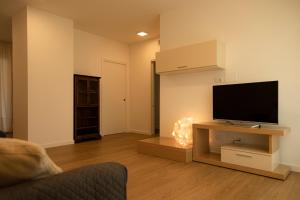 sala de estar con TV de pantalla plana en la pared en HOLIDAY APARTMENTS GIULIA - Blue, en Pietramurata