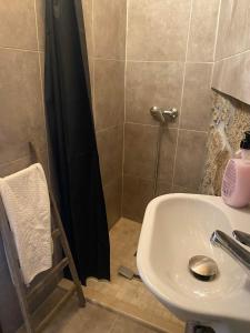 a bathroom with a shower and a white sink at Casa da Pipela 