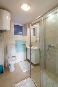 ein Bad mit einer Dusche, einem WC und einem Waschbecken in der Unterkunft Jurkovica in Komiža