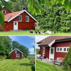 deux photos d'une grange rouge et d'une maison dans l'établissement Morellgården, à Larvik