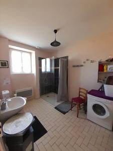 y baño con ducha, lavabo y lavadora. en Au doux refuge, en Saint-Exupéry-les-Roches