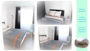 four different pictures of a bedroom with two beds at Logement familial tout équipé (1 station de Paris) in Saint-Denis