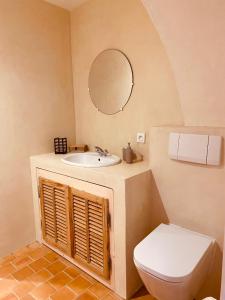 a bathroom with a sink and a toilet and a mirror at La Bastide des Oliviers Provence - Mirabel aux Baronnies in Mirabel-aux-Baronnies