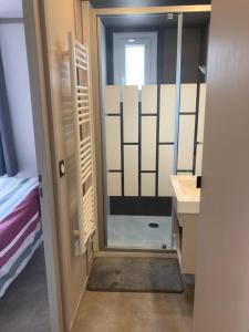 La salle de bains est pourvue d'une douche et d'un lavabo. dans l'établissement Chalet, à Labouheyre