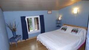Dormitorio azul con cama y ventana en Gîte Les Mimosas en Prugnanes