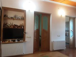 a living room with a television and two doors at Colchis ca777 in Kutaisi