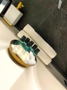 a shoe sitting on a sink in a bathroom at Stylish two-floor apartment in a heart of Basel in Basel
